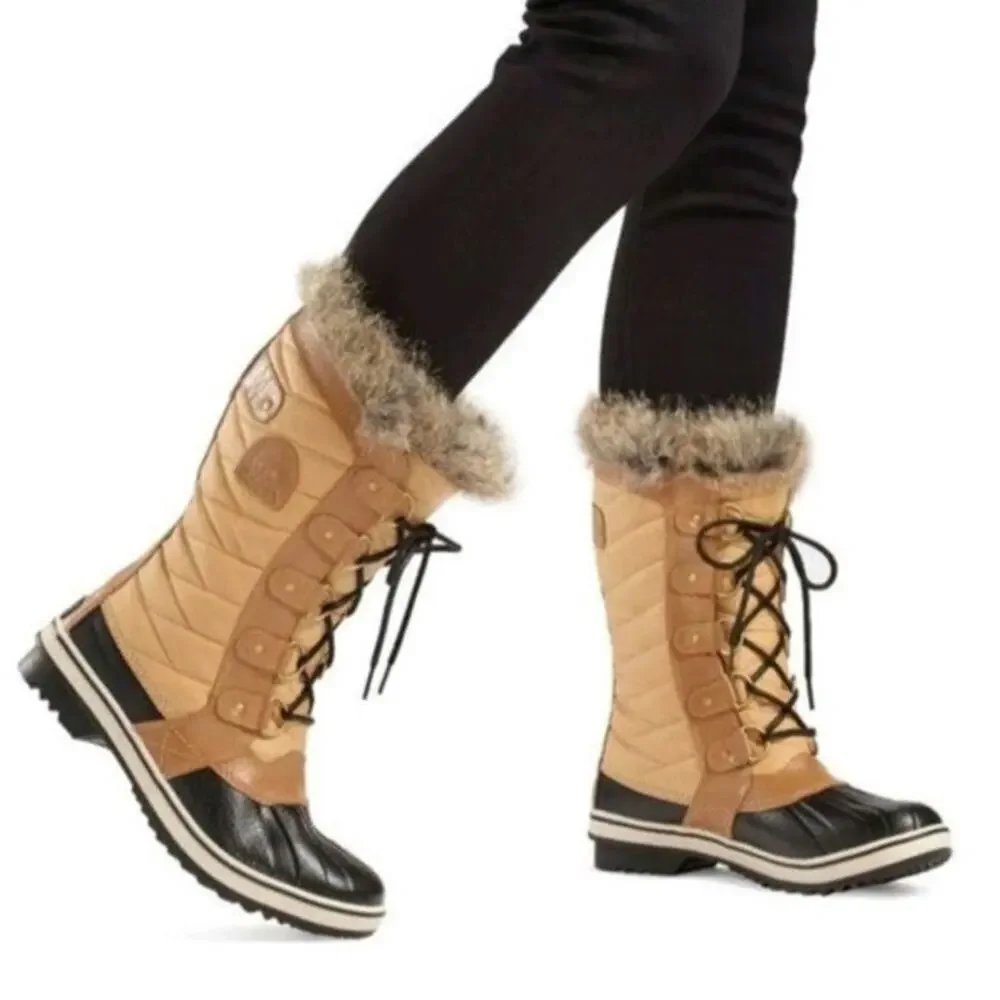 Sorel Tofino II Lace Up Snow Boot in Elk Curry w Faux Fur Trim, sz 7